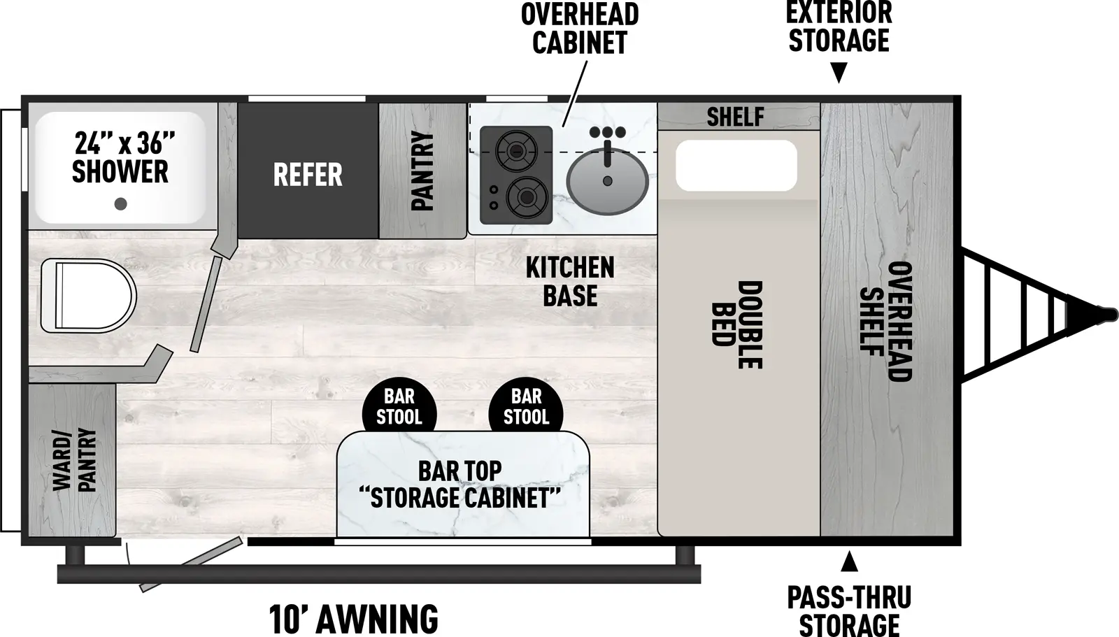 The Viking Travel Trailers 16FB floorplan has one entry and zero slide outs. Exterior features include: metal exterior and 10' awning. Interiors features include: front bedroom.